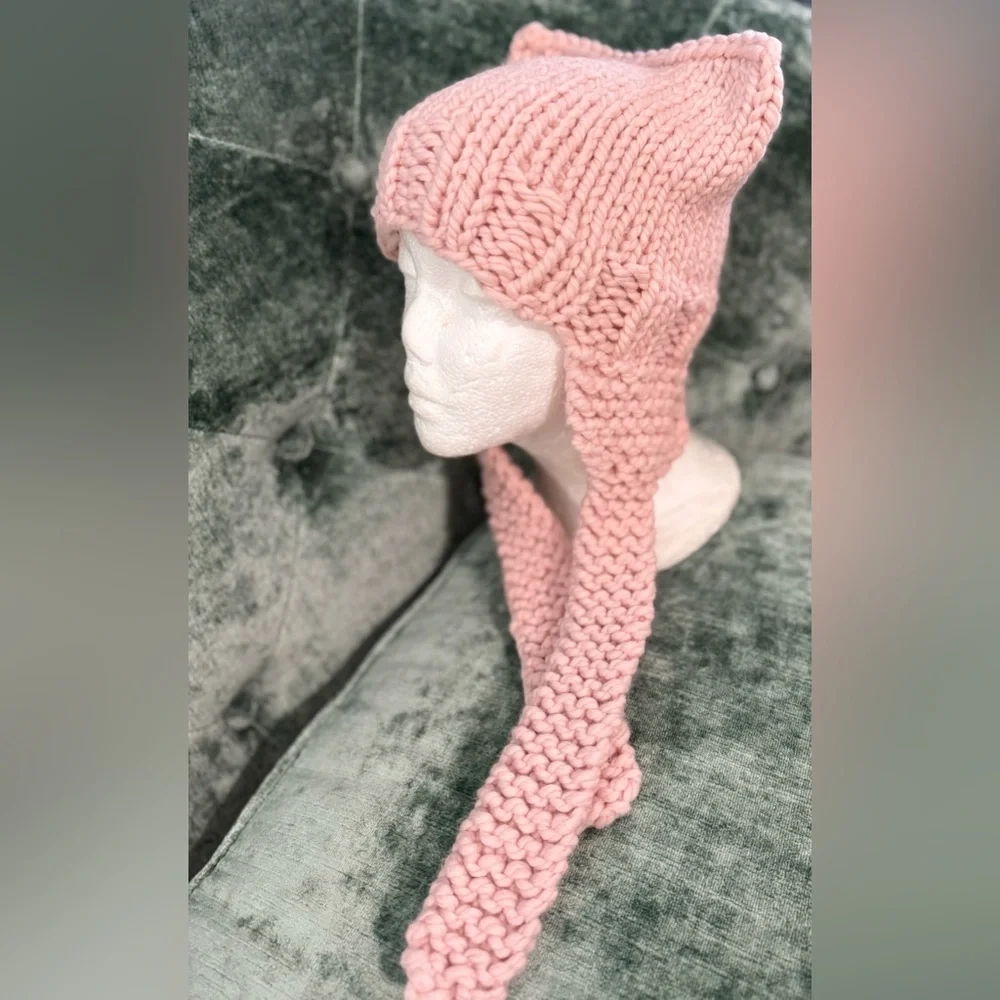 Handmade Hand Crafted Knit Ear Flap Cat Hat Adult Teen size Pink - Picture 5 of 10